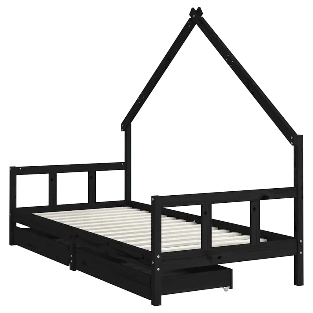 Kinderbett mit Schubladen Schwarz 90x200 cm Massivholz Kiefer
