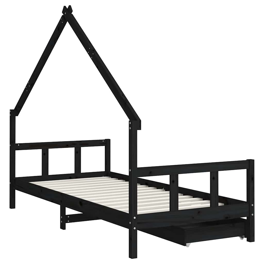 Kinderbett mit Schubladen Schwarz 90x200 cm Massivholz Kiefer