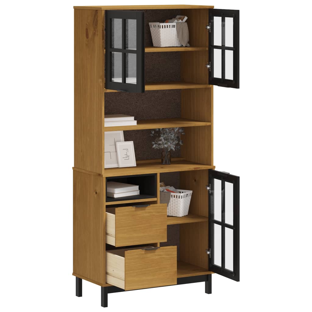 Highboard mit Glastüren FLAM 80x40x180 cm Massivholz Kiefer