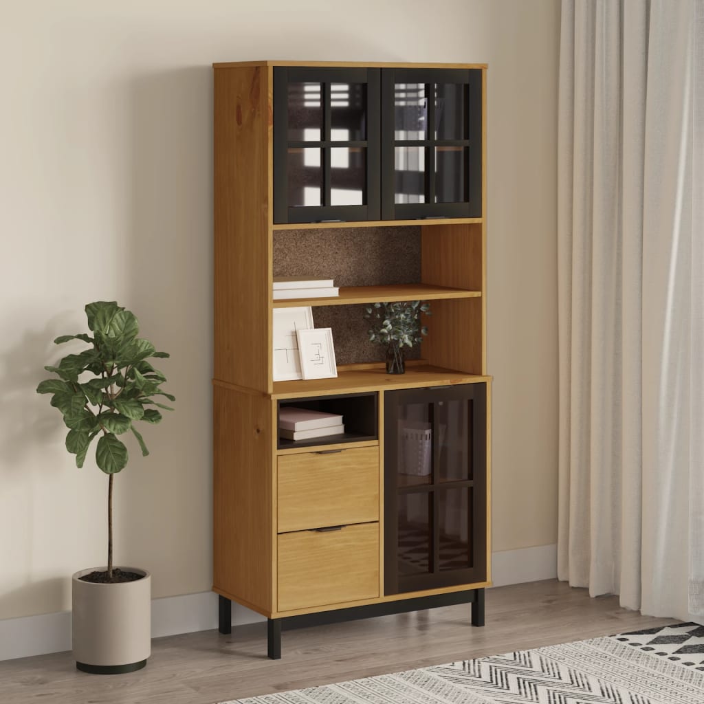 Highboard mit Glastüren FLAM 80x40x180 cm Massivholz Kiefer