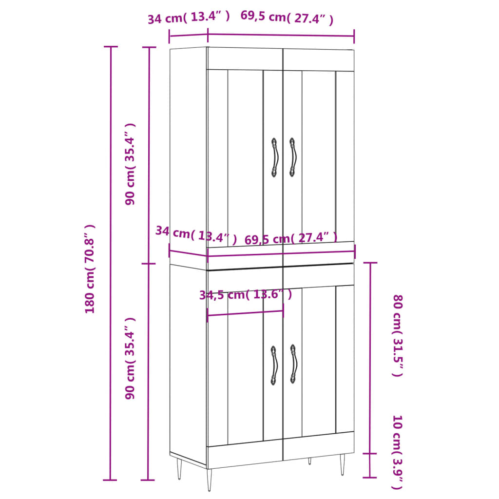 Highboard Grau Sonoma 69,5x34x180 cm Holzwerkstoff