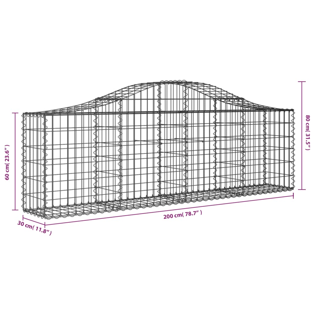 Gabionen mit Hochbogen 50 Stk. 200x30x60/80 cm Verzinktes Eisen