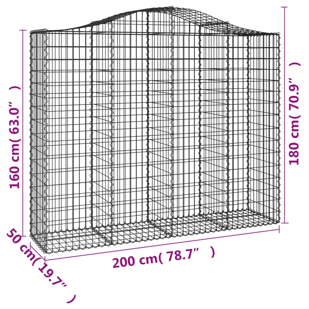 Gabionen mit Hochbogen 13Stk. 200x50x160/180cm Verzinktes Eisen