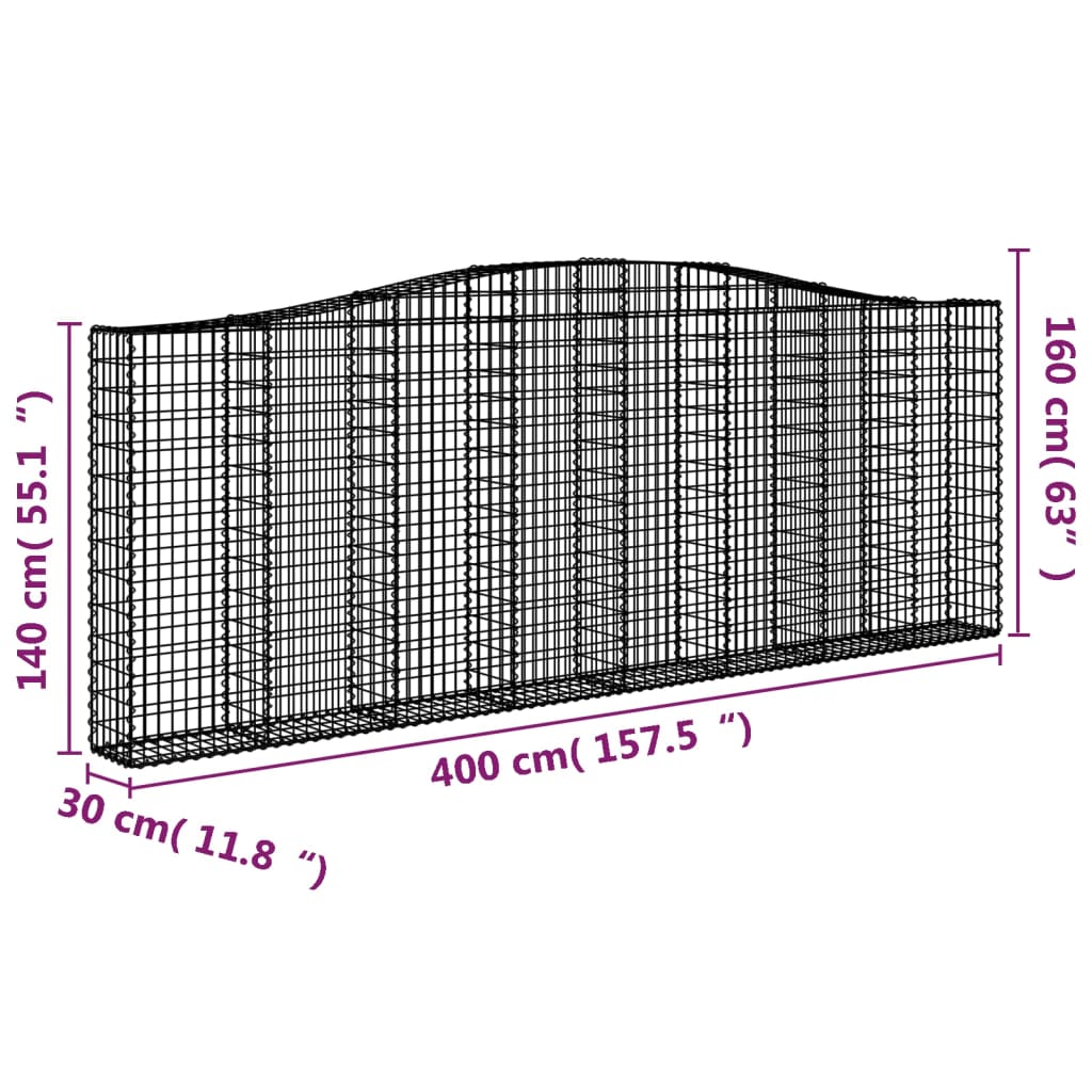 Gabionen mit Hochbogen 25Stk. 400x30x140/160cm Verzinktes Eisen
