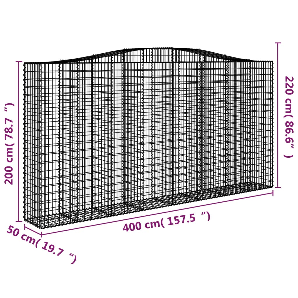 Gabionen mit Hochbogen 15Stk. 400x50x200/220cm Verzinktes Eisen