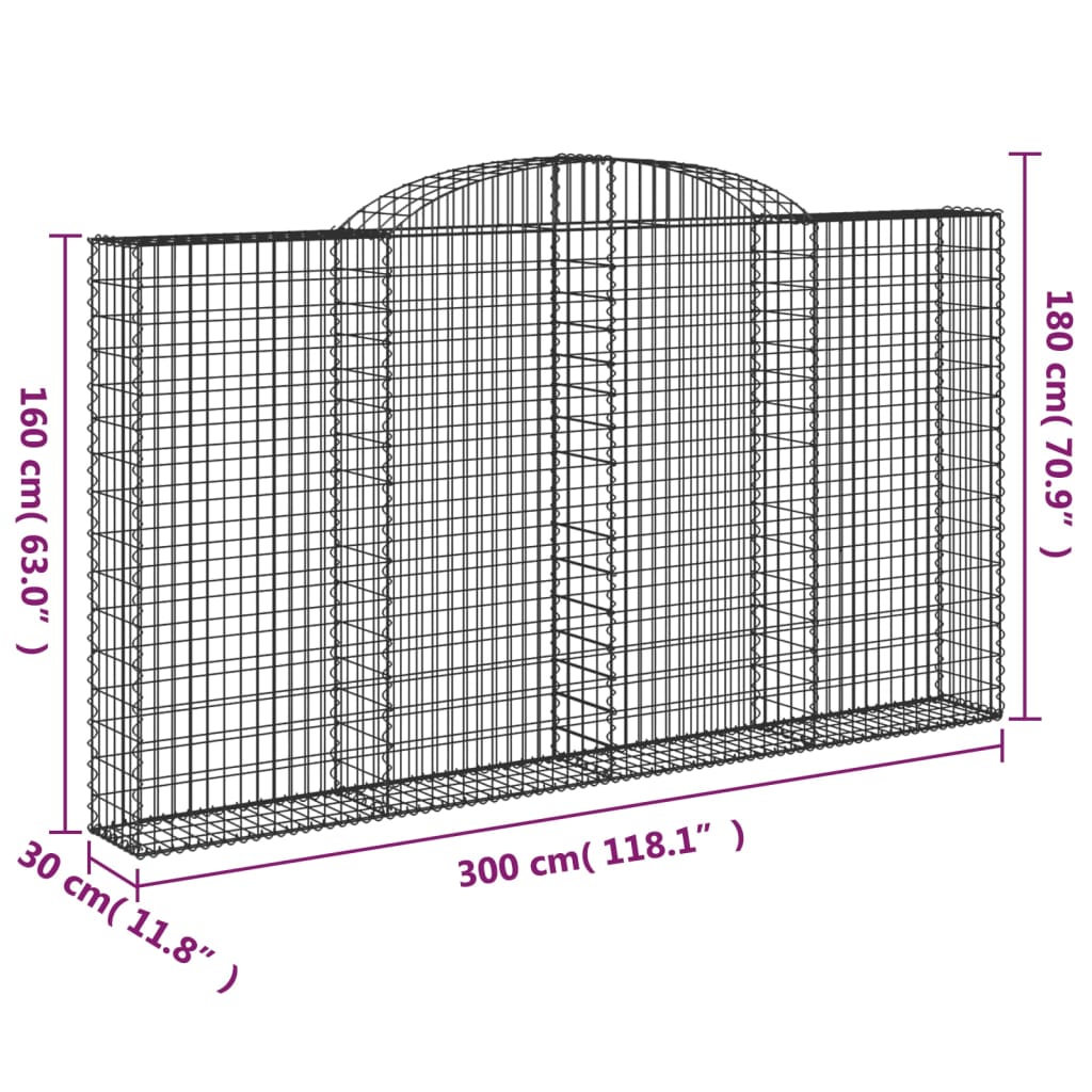 Gabionen mit Hochbogen 5 Stk. 300x30x160/180cm Verzinktes Eisen