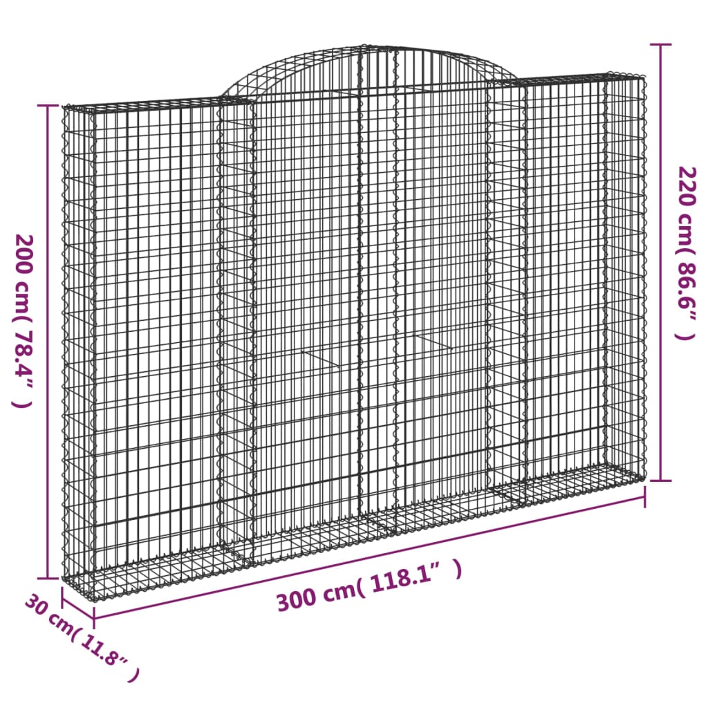 Gabionen mit Hochbogen 4 Stk. 300x30x200/220cm Verzinktes Eisen
