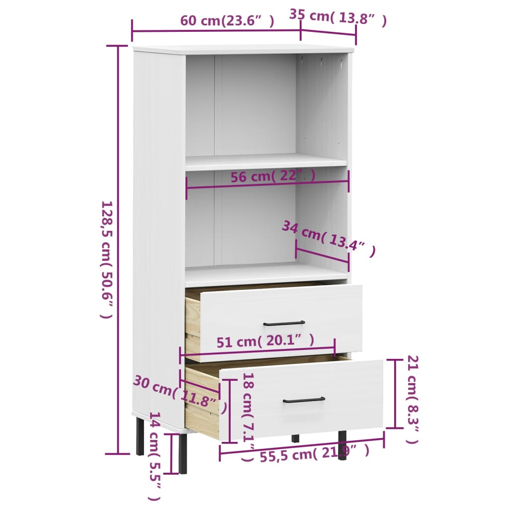 Bücherregal OSLO mit 2 Schubladen Weiß 60x35x128,5cm Massivholz