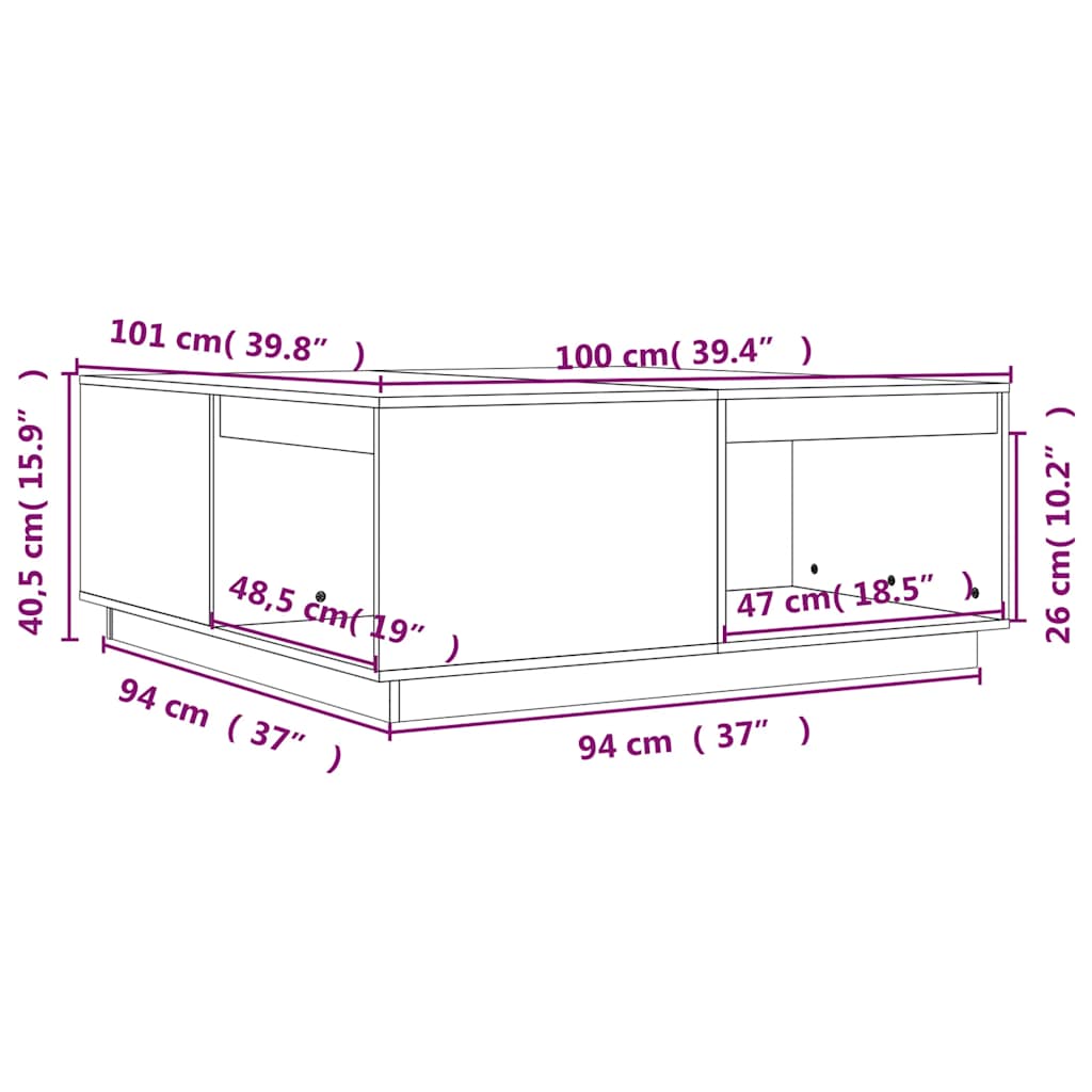 Couchtisch Schwarz 100x101x40,5 cm Massivholz Kiefer