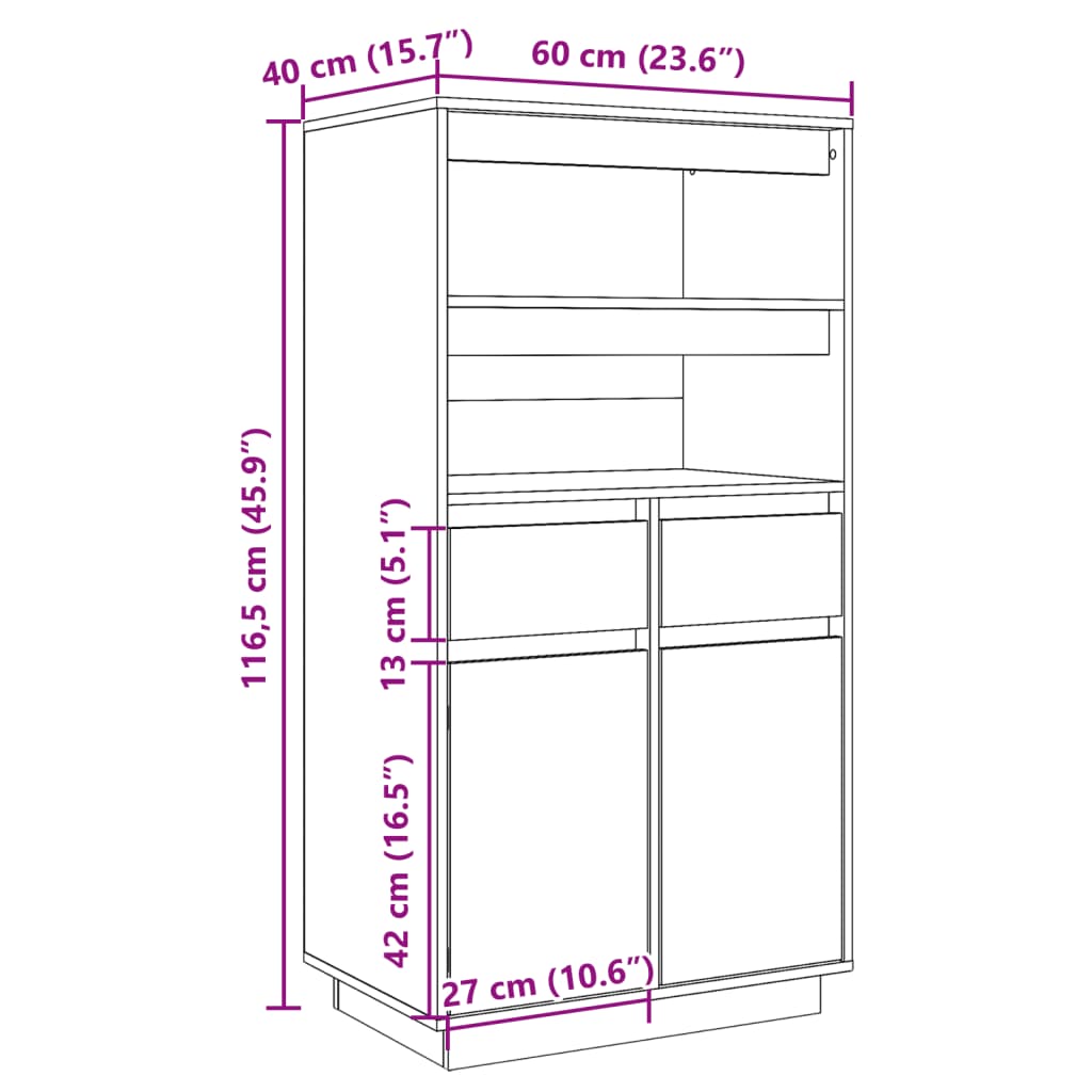Highboard Grau 60x40x116,5 cm Massivholz Kiefer