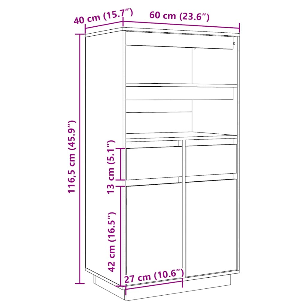 Highboard Schwarz 60x40x116,5 cm Massivholz Kiefer