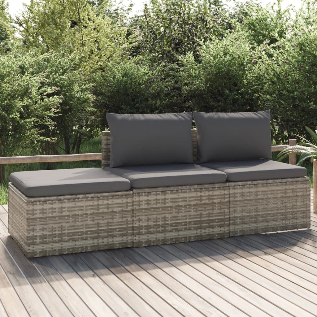 3-tlg. Garten-Lounge-Set mit Kissen Grau Poly Rattan