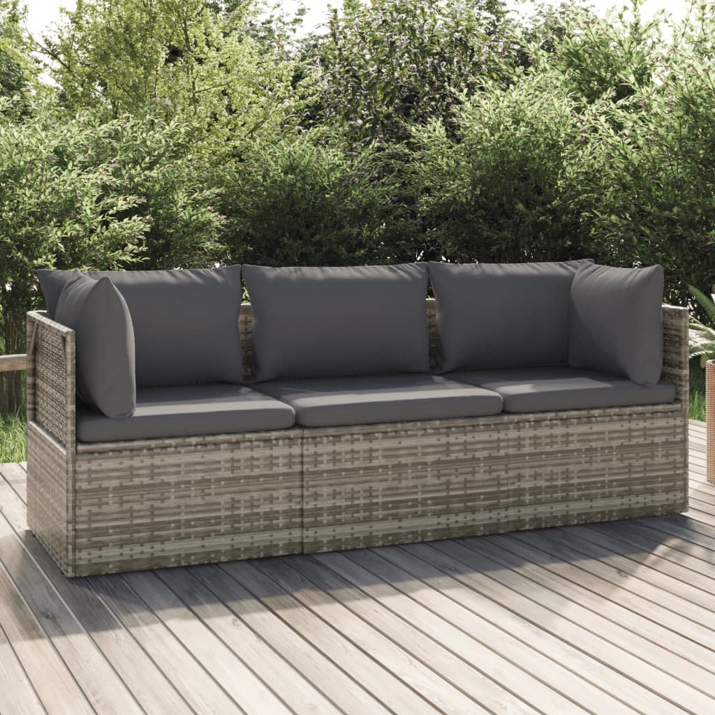 3-tlg. Garten-Lounge-Set mit Kissen Grau Poly Rattan