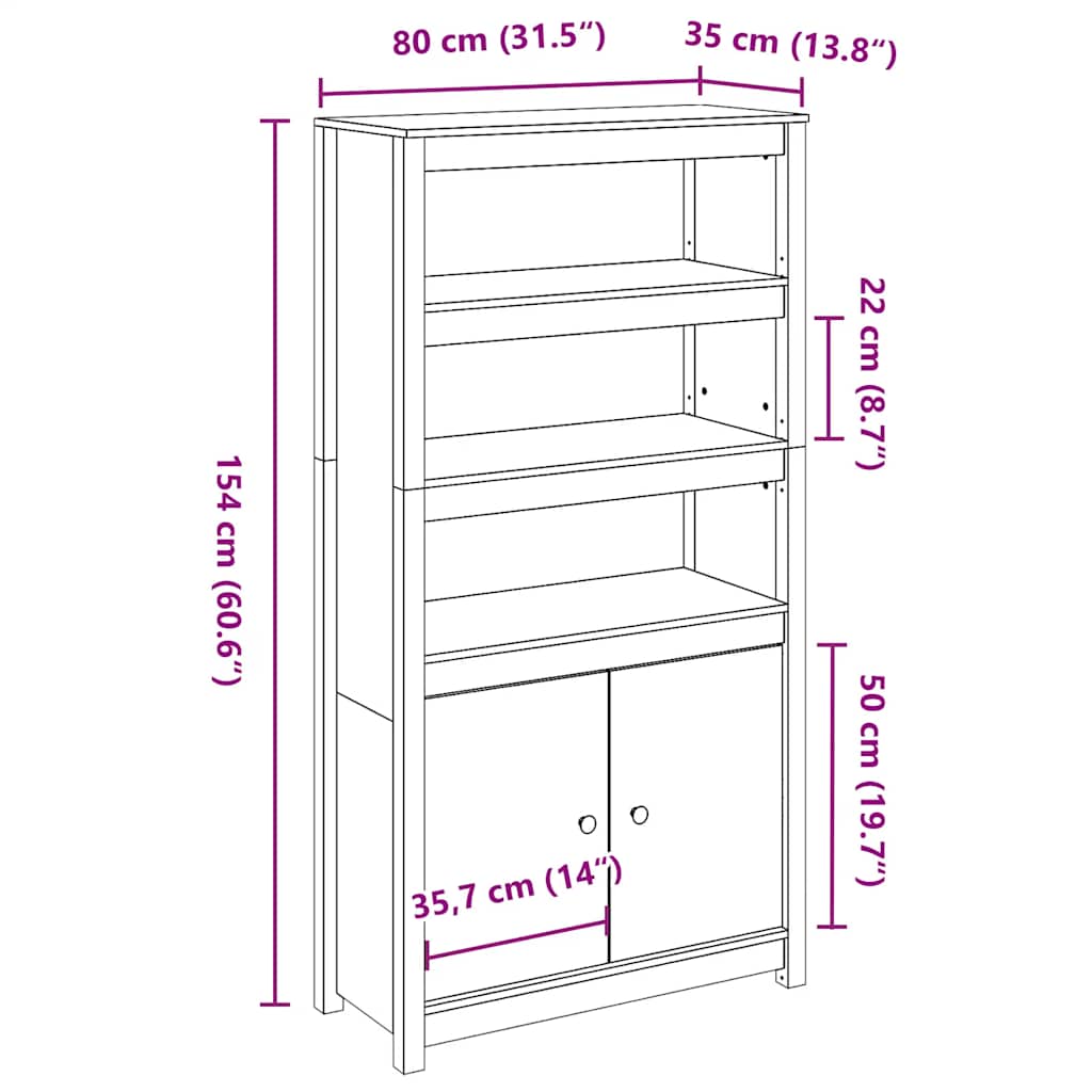 Highboard Schwarz 80x35x154 cm Massivholz Kiefer