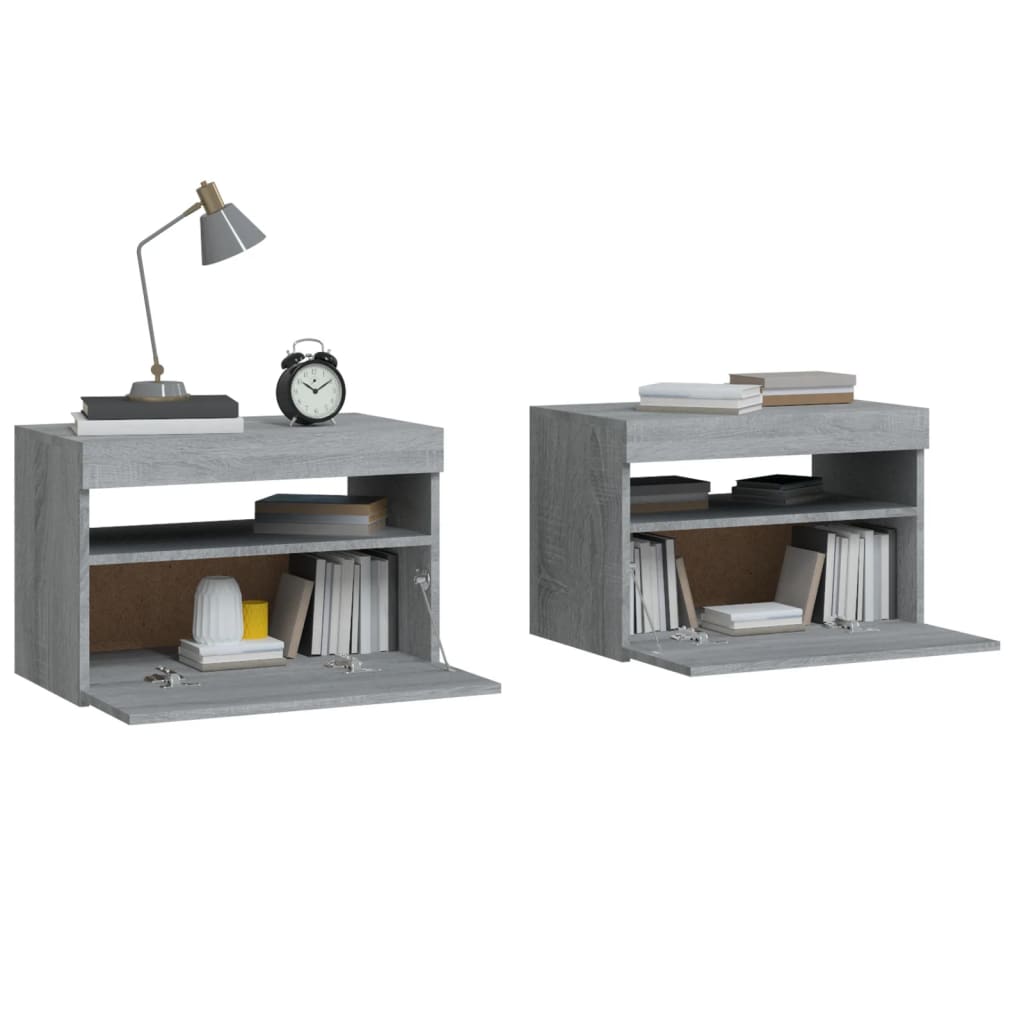 Nachttische 2 Stk. mit LED-Leuchten Grau Sonoma 60x35x40 cm