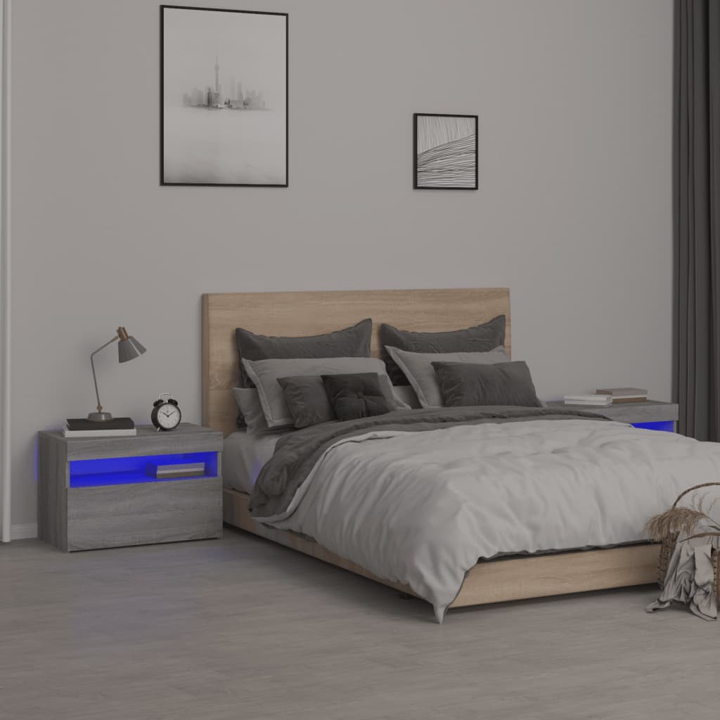 Nachttische 2 Stk. mit LED-Leuchten Grau Sonoma 60x35x40 cm