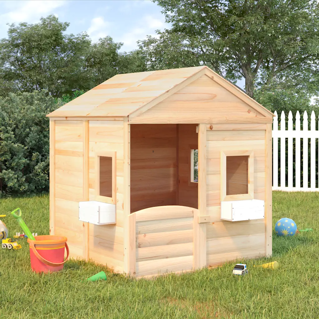 Naturfarbenes Kinderspielhaus aus Tannenholz mit zwei Blumenkästen im Garten