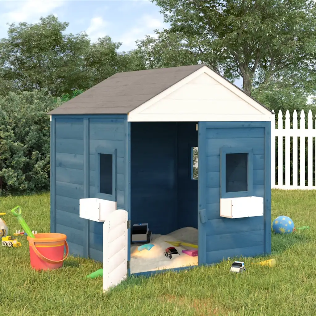 Blaues Kinderspielhaus im Garten mit geöffneter weißer Tür