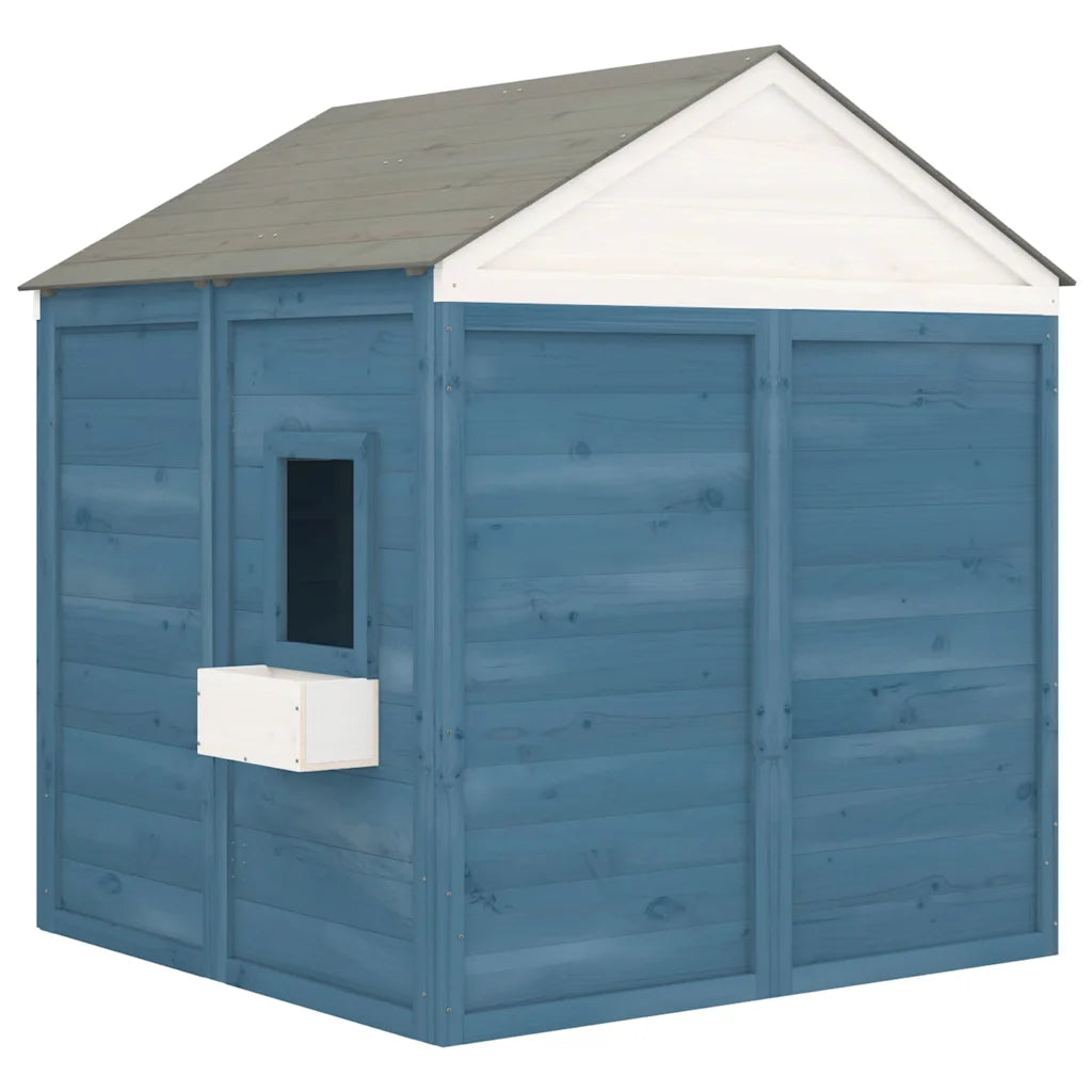 Blaues Kinderspielhaus aus Tannenholz – Rückansicht mit Seitenfenster