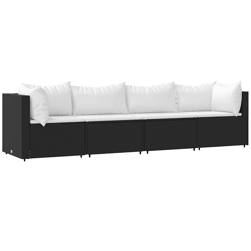 4-tlg. Garten-Lounge-Set mit Kissen Schwarz Poly Rattan