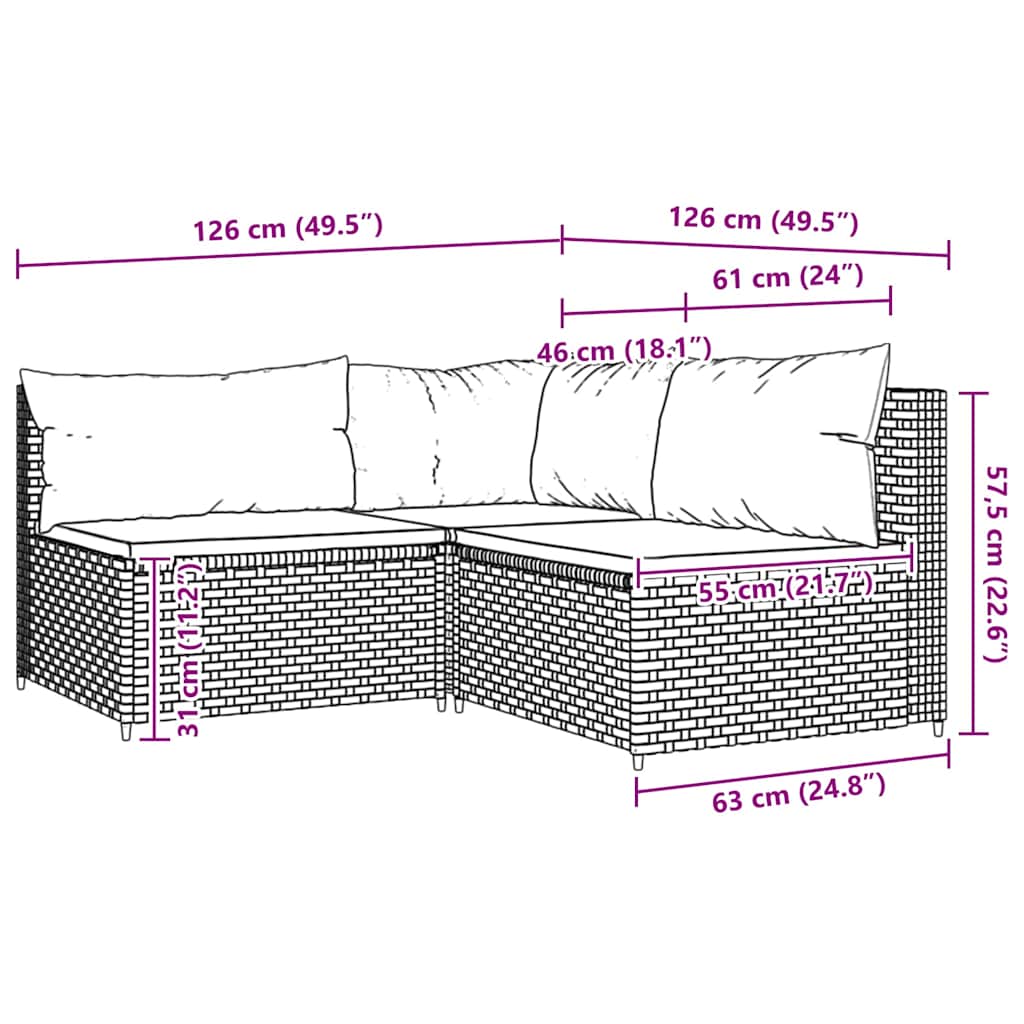 3-tlg. Garten-Lounge-Set mit Kissen Braun Poly Rattan