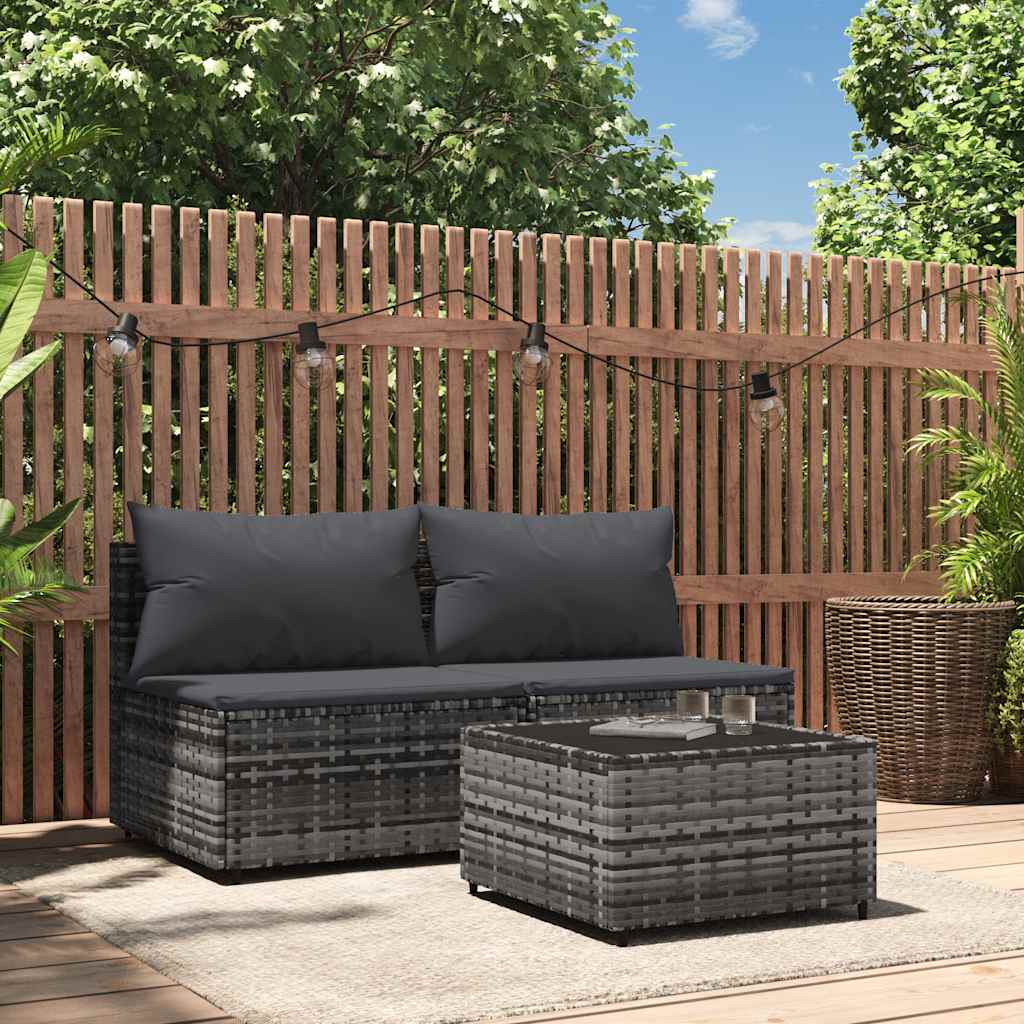 3-tlg. Garten-Lounge-Set mit Kissen Grau Poly Rattan