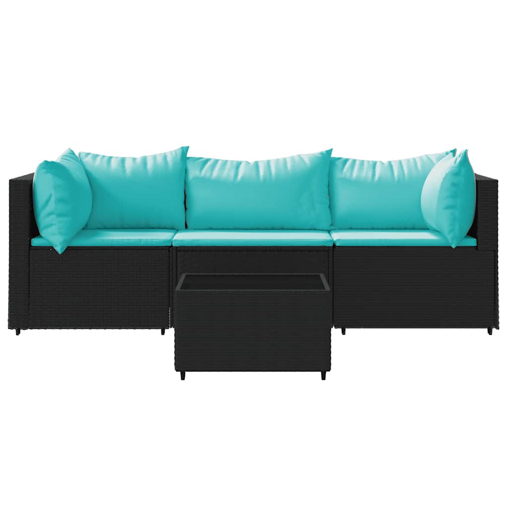 4-tlg. Garten-Lounge-Set mit Kissen Schwarz Poly Rattan