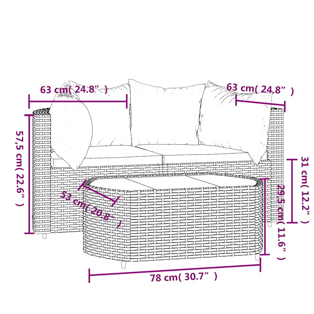 3-tlg. Garten-Lounge-Set mit Kissen Schwarz Poly Rattan