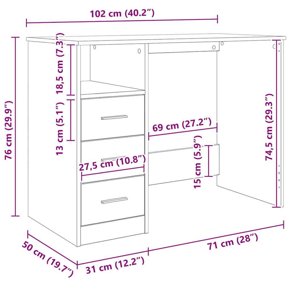 Schreibtisch mit Schubladen Sonoma-Eiche 102x50x76 cm