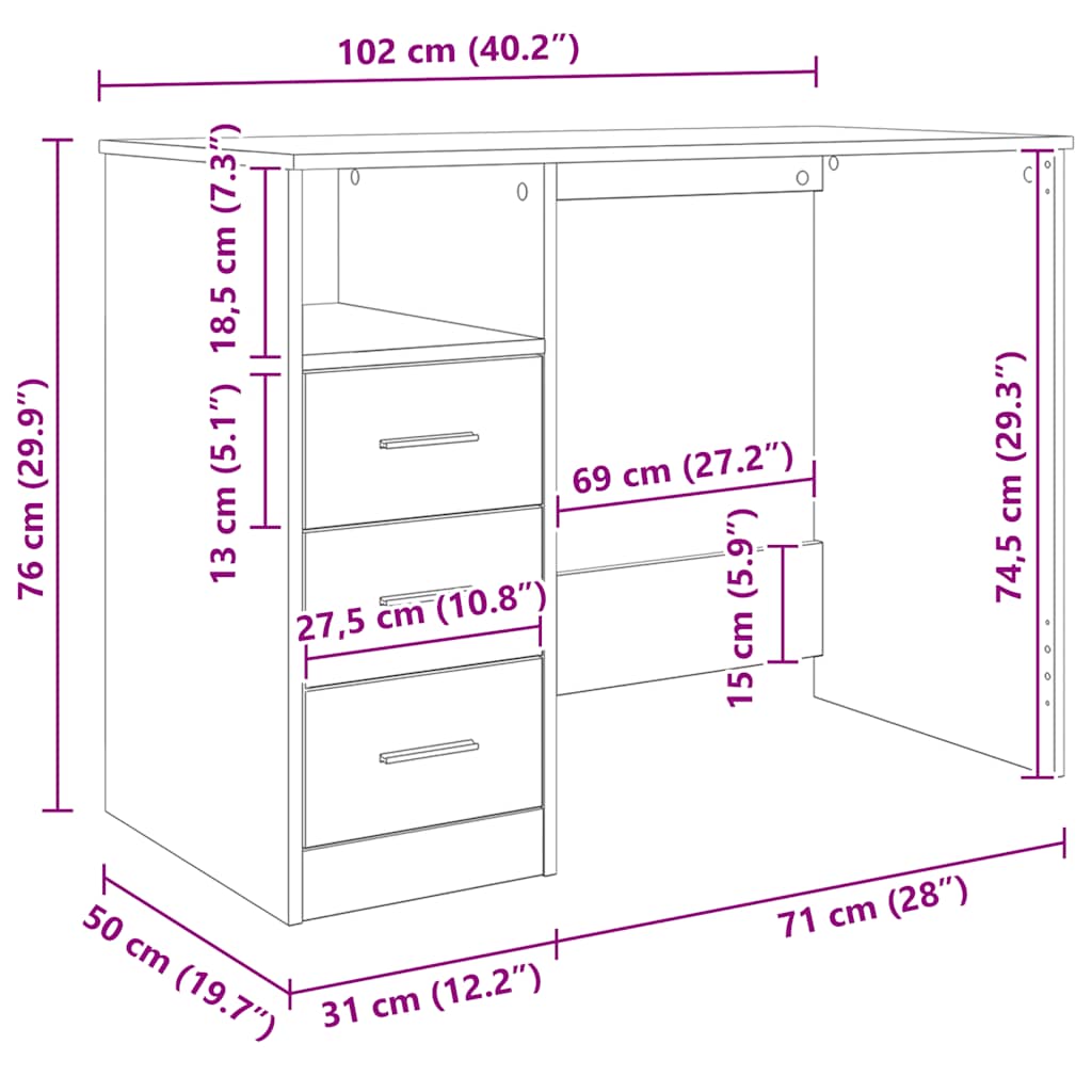 Schreibtisch mit Schubladen Betongrau 102x50x76cm Holzwerkstoff