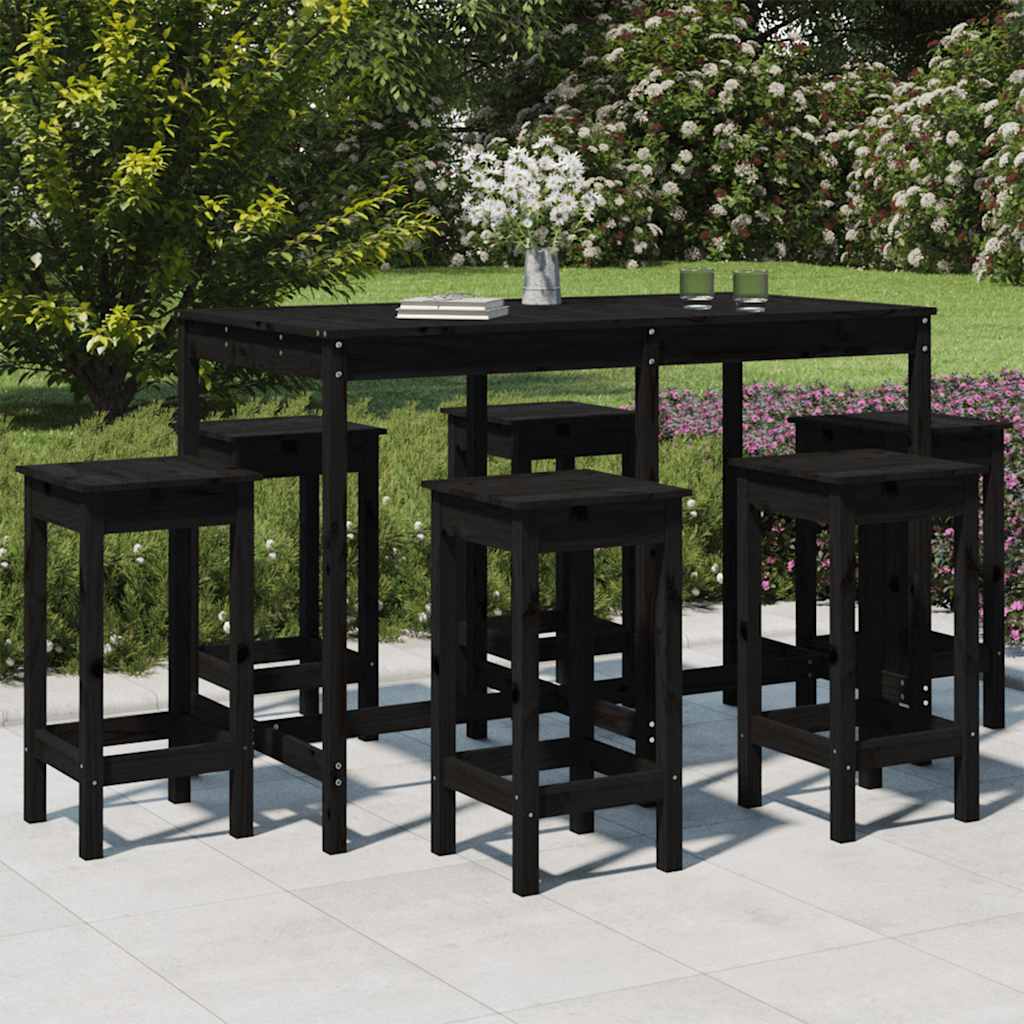 7-tlg. Gartenbar-Set Schwarz Massivholz Kiefer