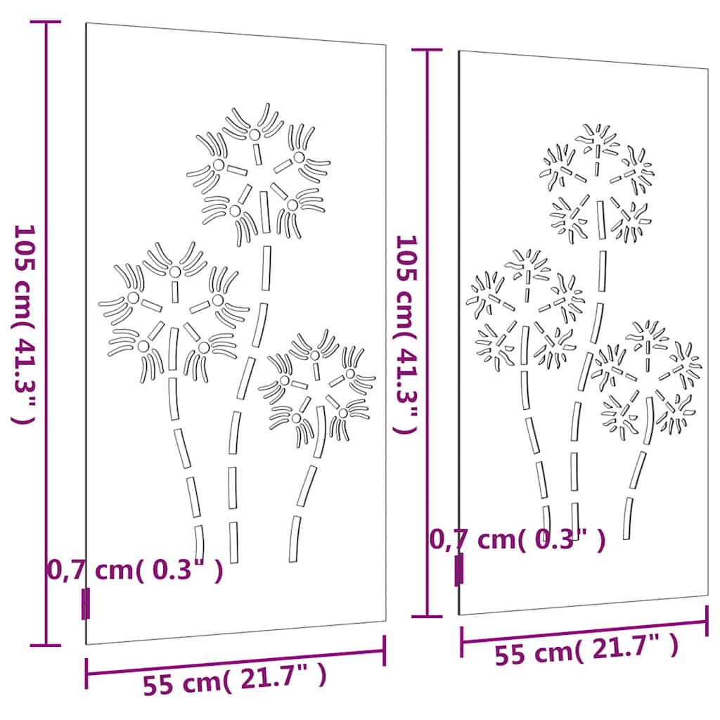 2-tlg. Garten-Wanddeko 105x55 cm Cortenstahl Blumen-Design