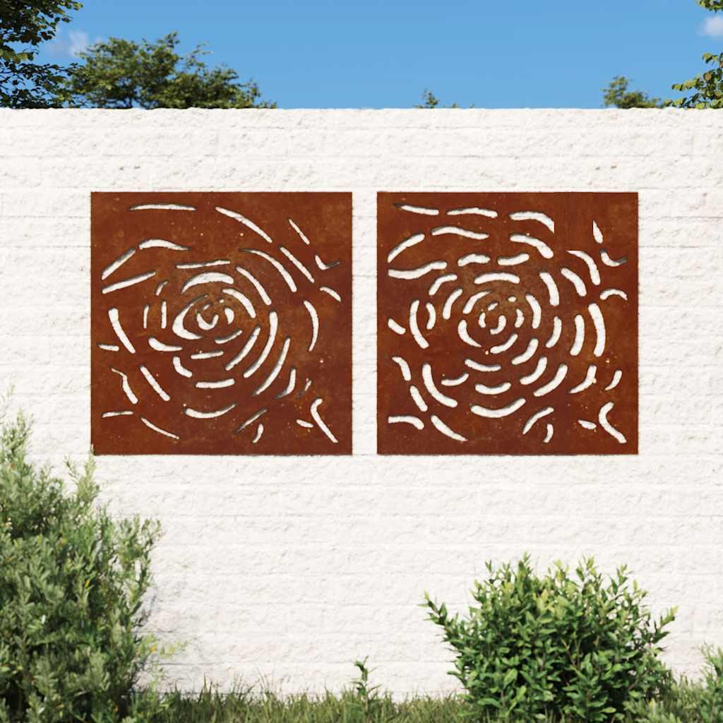 2-tlg. Garten-Wanddeko 55x55 cm Cortenstahl Rosen-Design
