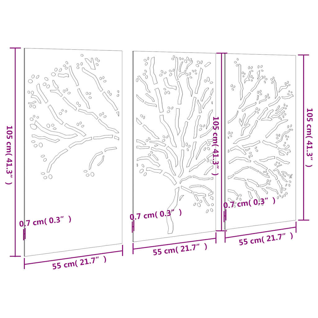 3-tlg. Garten-Wanddeko 105x55 cm Cortenstahl Baum-Design