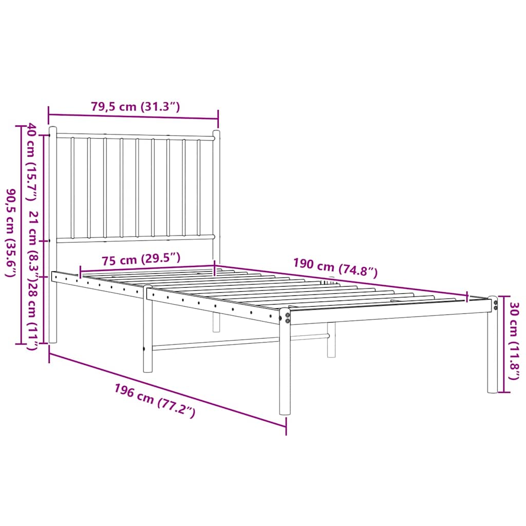 Bettgestell mit Kopfteil Metall Schwarz 75x190 cm