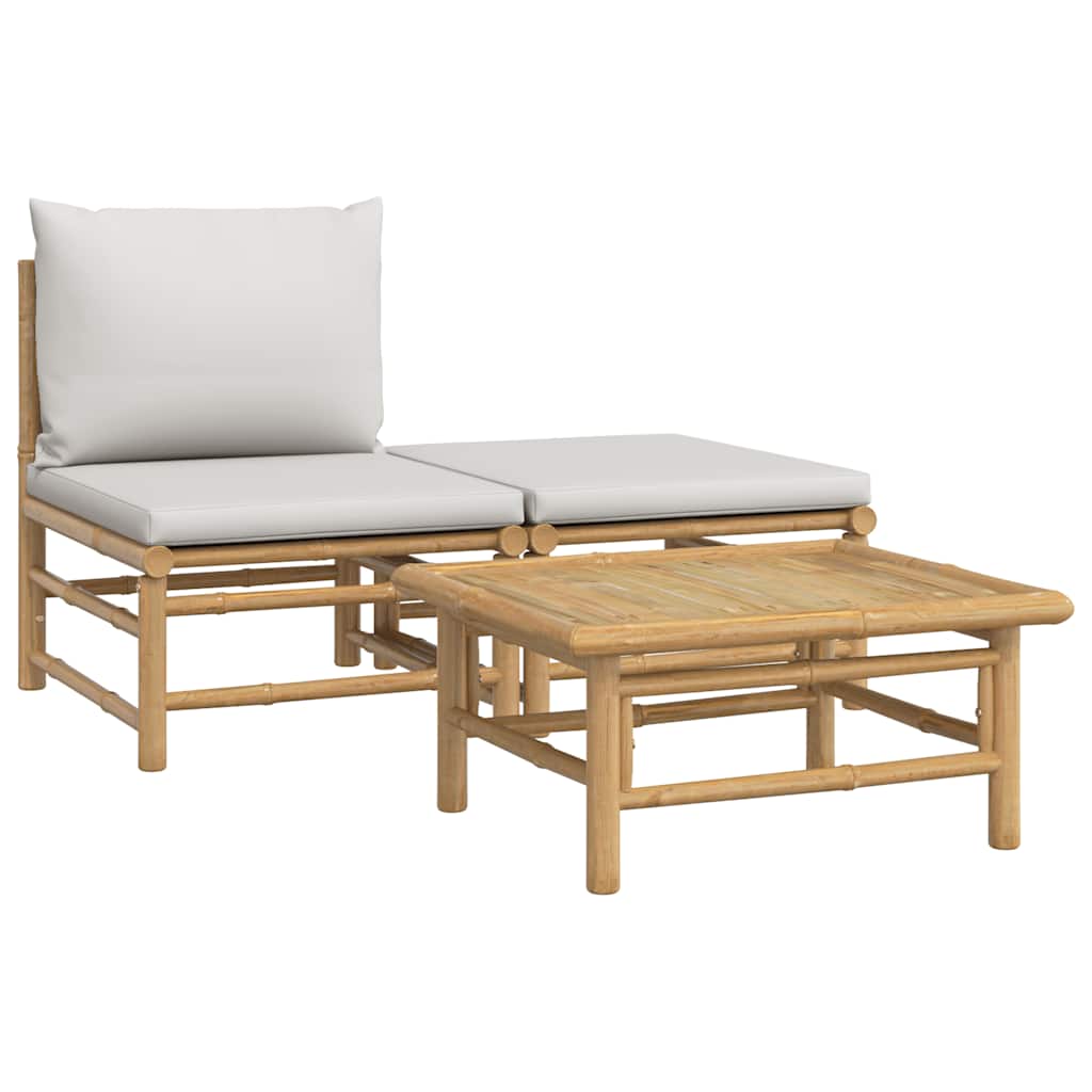 3-tlg. Garten-Lounge-Set mit Hellgrauen Kissen Bambus
