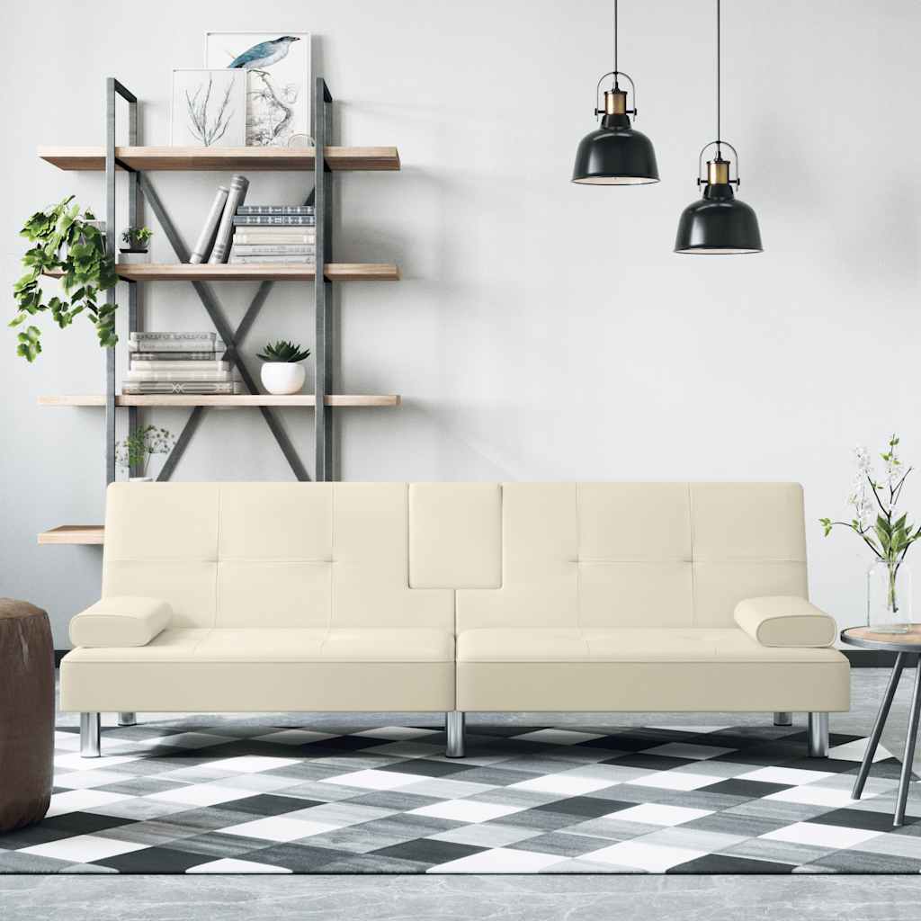 Schlafsofa mit Getränkehaltern Creme Kunstleder