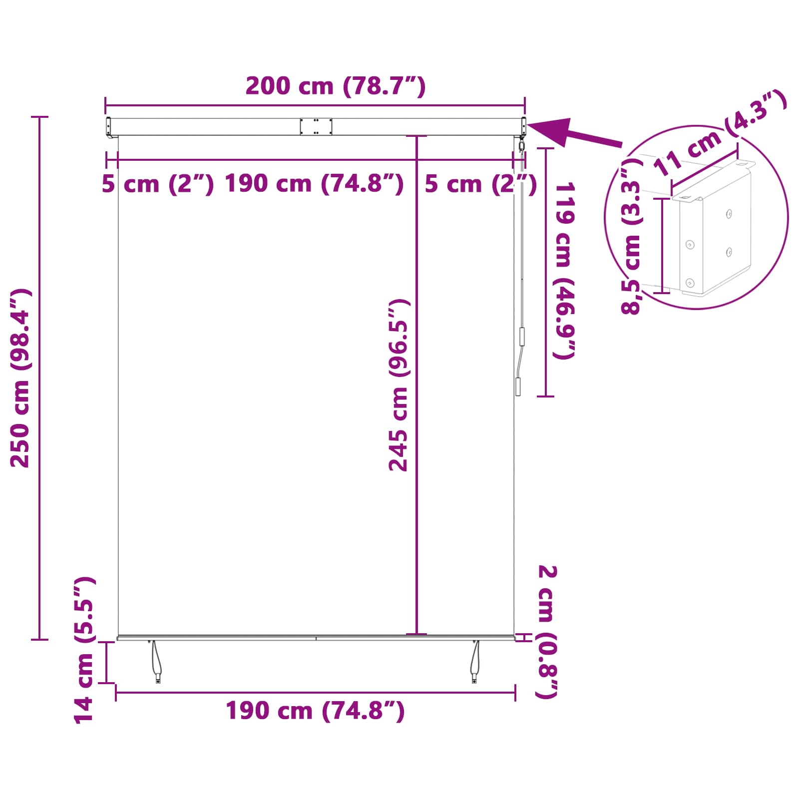 Rollo Anthrazit 200 x 250 cm Stoff und Aluminium