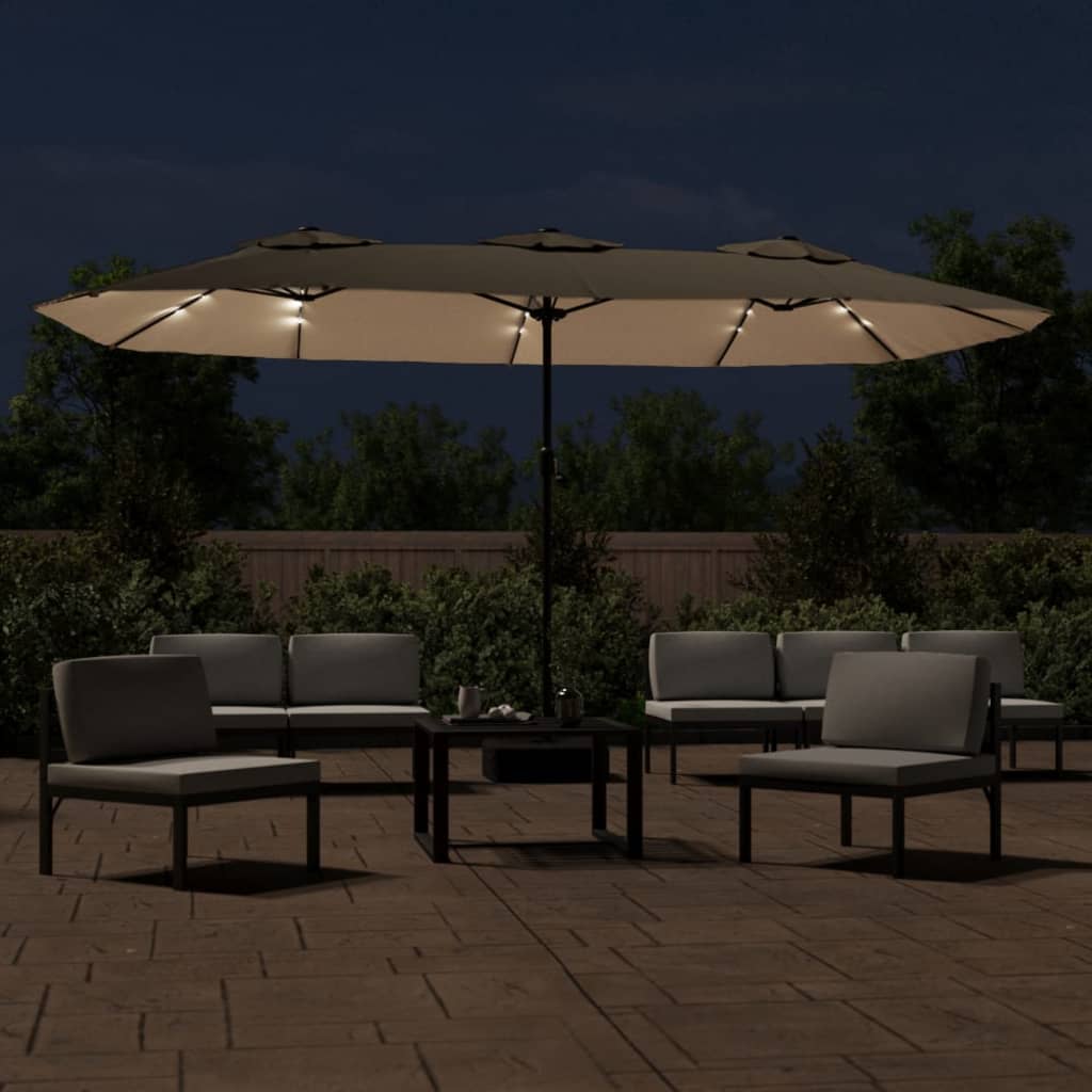 Doppel-Sonnenschirm mit LED-Leuchten Taupe 449x265 cm