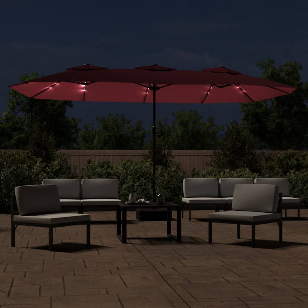 Doppel-Sonnenschirm mit LED-Leuchten Bordeauxrot 449x265 cm