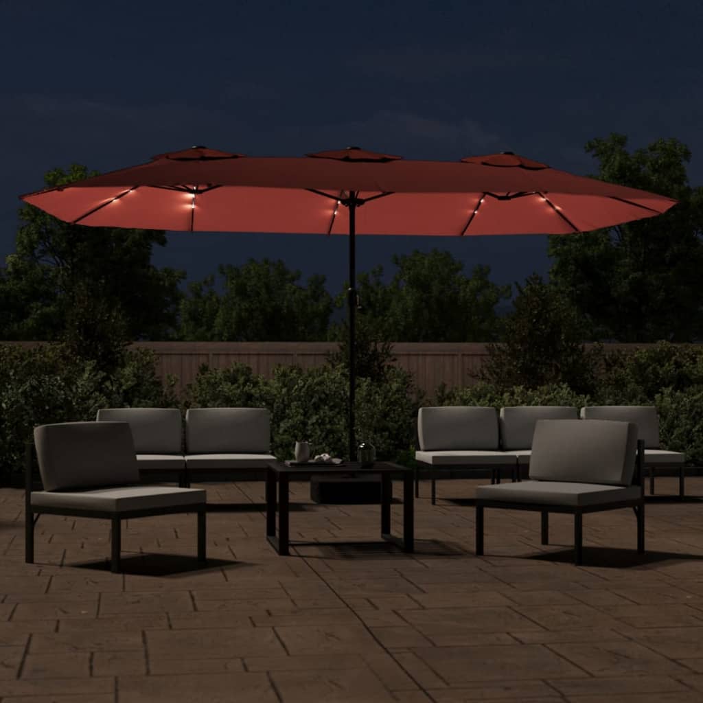 Doppel-Sonnenschirm mit LED-Leuchten Terrakottarot 449x265 cm