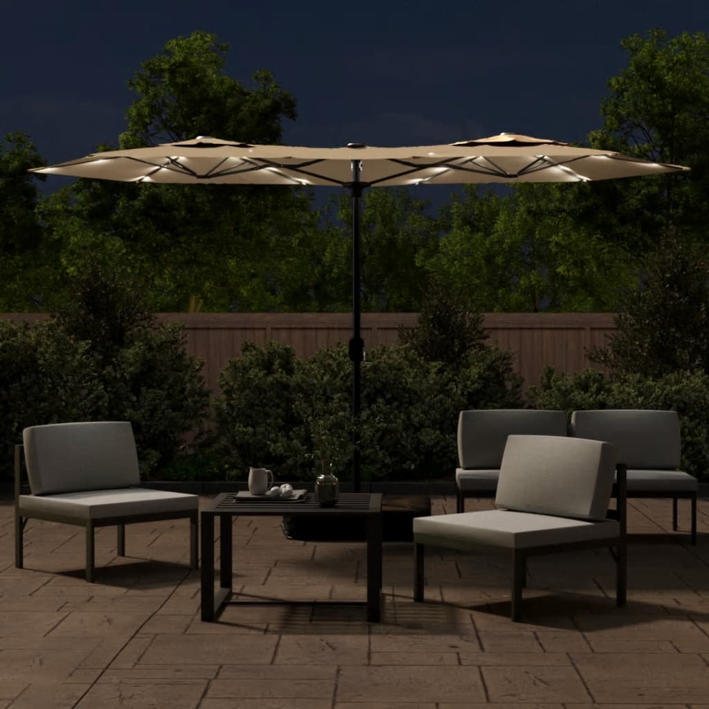Doppel-Sonnenschirm mit LED-Leuchten Taupe 316x145 cm