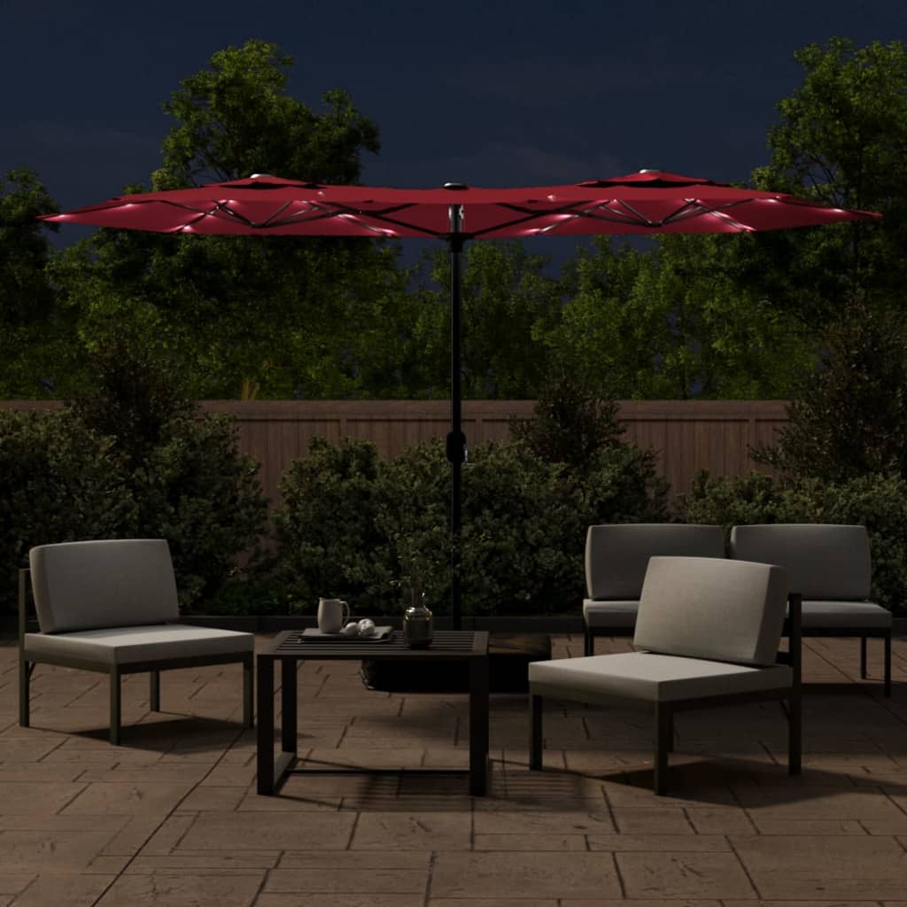 Doppel-Sonnenschirm mit LED-Leuchten Bordeauxrot 316x145 cm