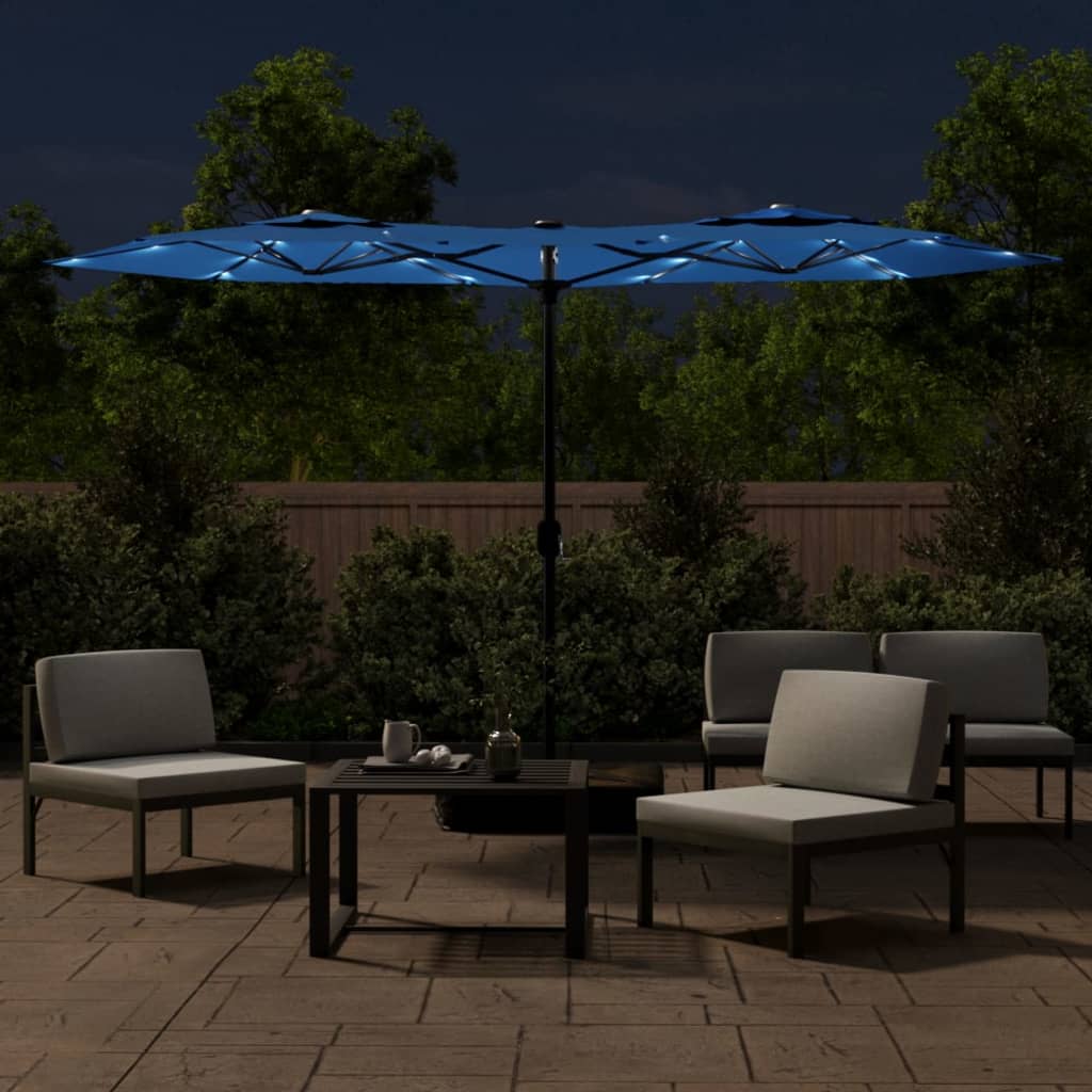 Doppel-Sonnenschirm mit LED-Leuchten Azurblau 316x145 cm
