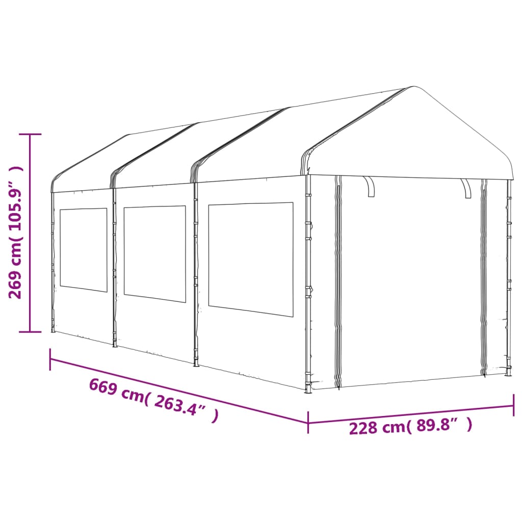 Pavillon mit Dach Weiß 6,69x2,28x2,69 m Polyethylen