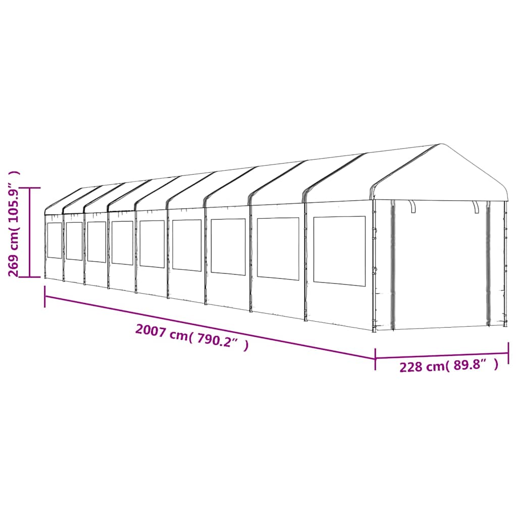 Pavillon mit Dach Weiß 20,07x2,28x2,69 m Polyethylen