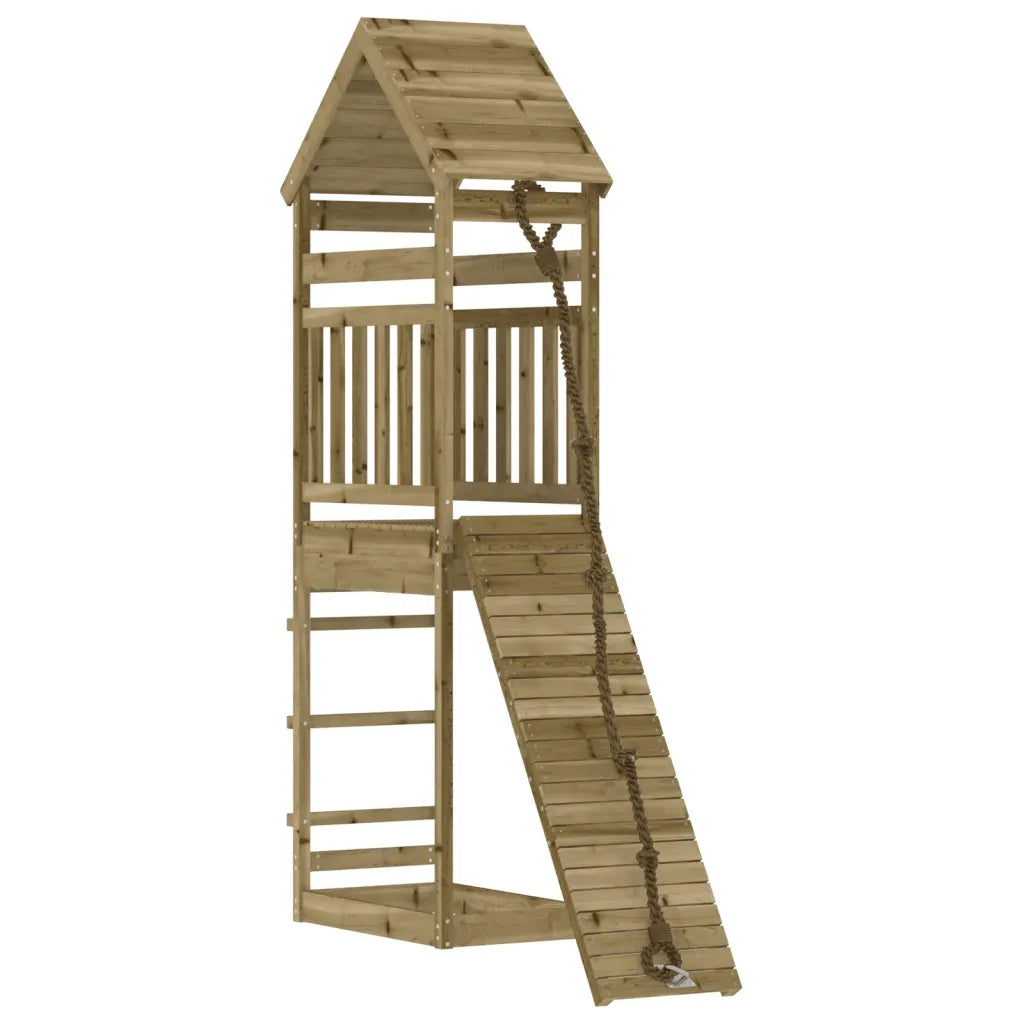 Spielturm mit Holzdach, erhöhter Plattform und Kletterwand mit Seil