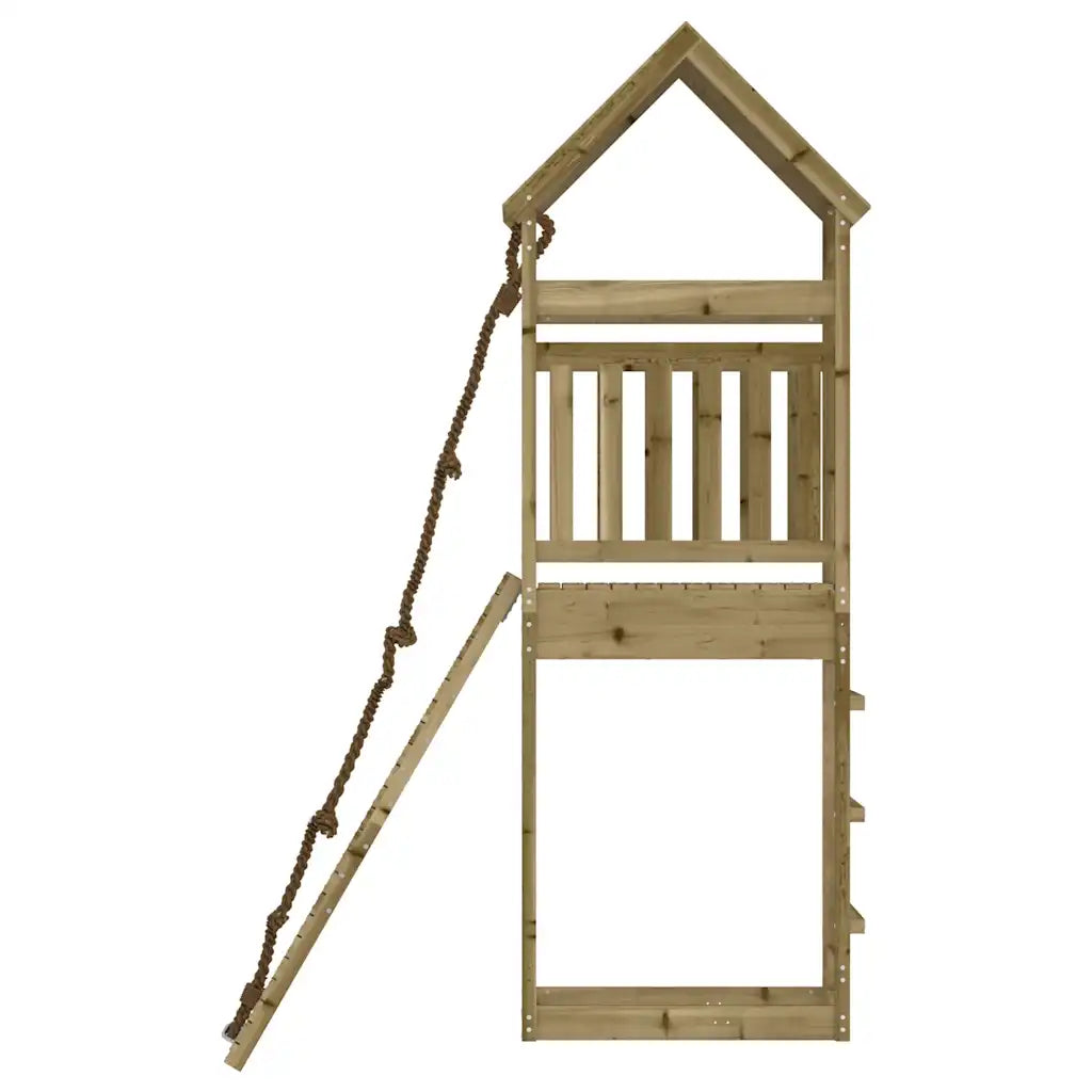 Maßzeichnung des Spielturms aus Kiefernholz mit Kletterwand