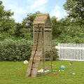 Spielturm aus imprägniertem Kiefernholz mit Kletterwand und Seil im Garten
