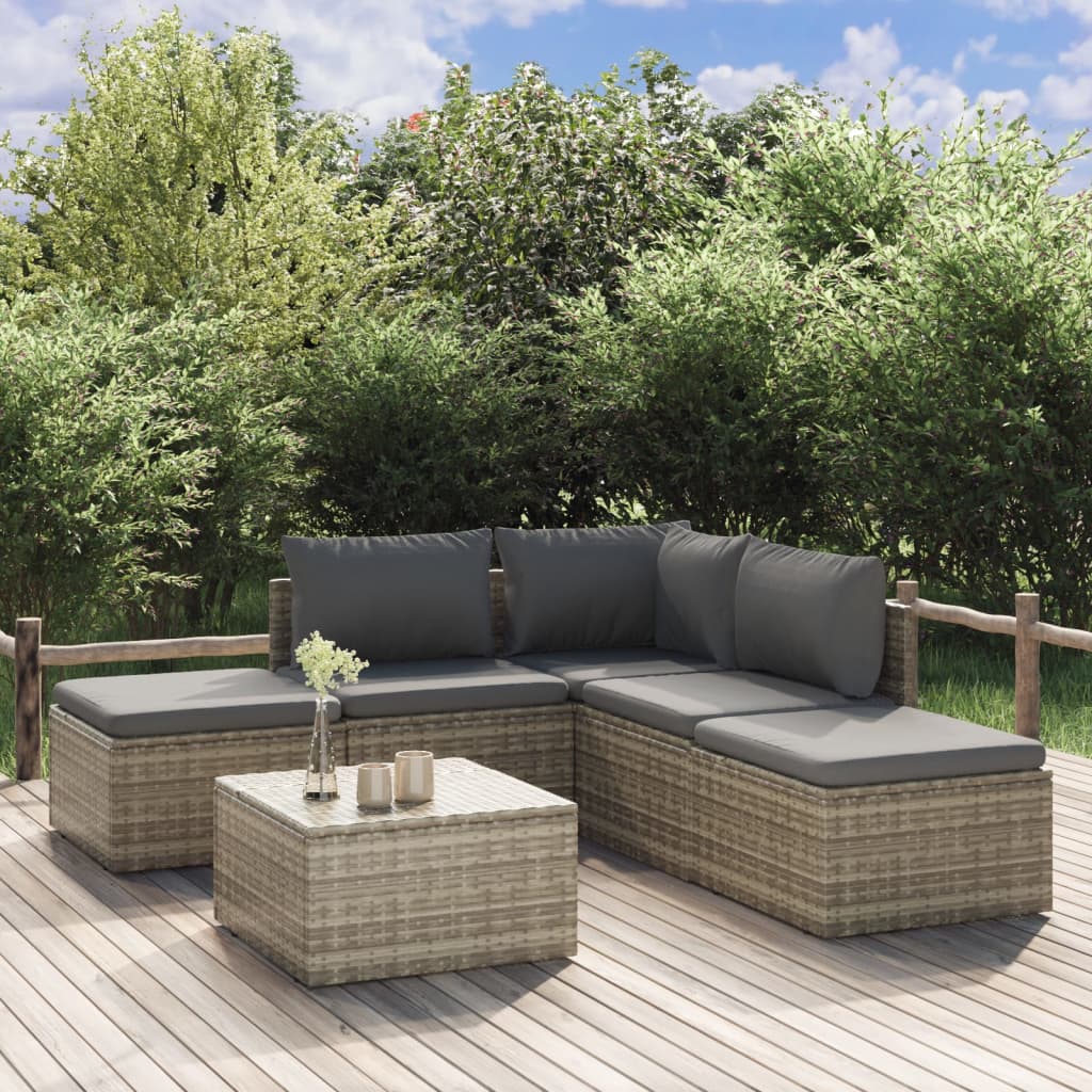 6-tlg. Garten-Lounge-Set mit Kissen Grau Poly Rattan